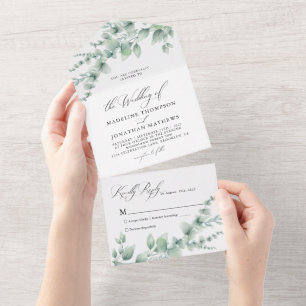 Invitación Todo En Uno Boda de acuarela de eucalipto botánico minimalista