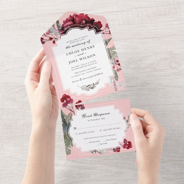 Invitación Todo En Uno Boda de Acuarela de Floral Navideño y Verdor (desgarro)