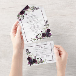 Invitación Todo En Uno Boda de acuarela de flores púrpuras de plumas form