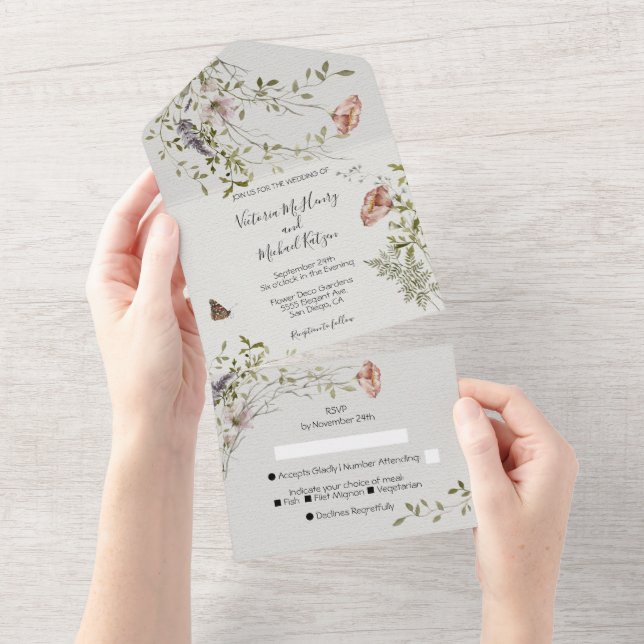 Invitación Todo En Uno Boda de acuarela de flores silvestres claras y ven (desgarro)