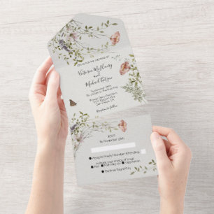 Invitación Todo En Uno Boda de acuarela de flores silvestres claras y ven