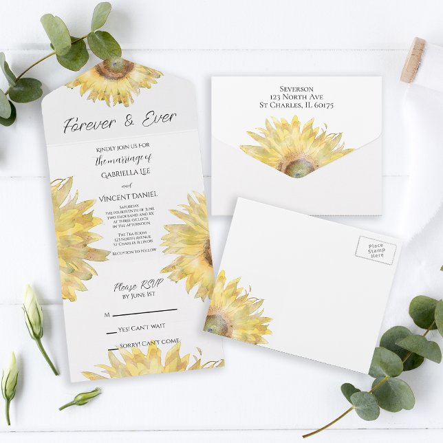 Invitación Todo En Uno Boda de acuarela de girasoles dispersos amarillos (Subido por el creador)