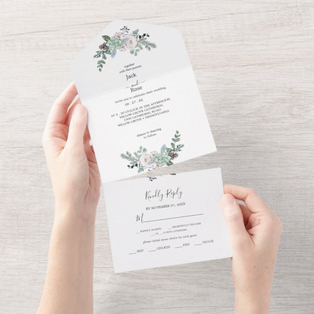 Invitación Todo En Uno Boda de acuarela de invierno (desgarro)
