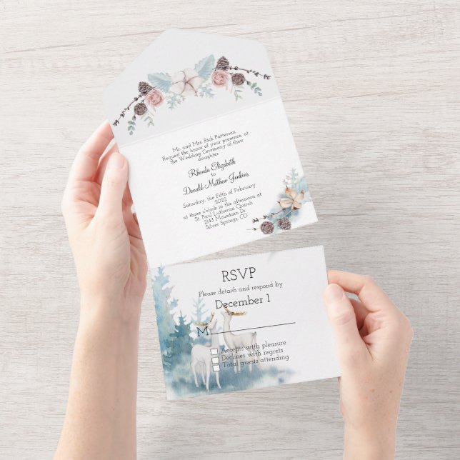 Invitación Todo En Uno Boda de acuarela de invierno y ciervo y follaje (desgarro)