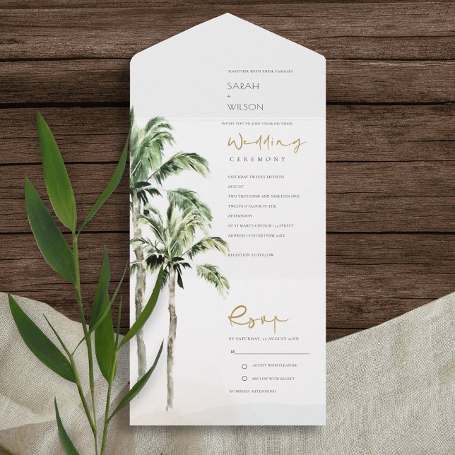 Invitación Todo En Uno Boda de acuarela de las palmeras tropicales (Subido por el creador)