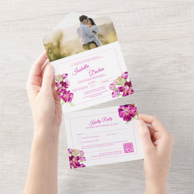 Invitación Todo En Uno Boda de acuarela de material rosa código QR RSVP (desgarro)