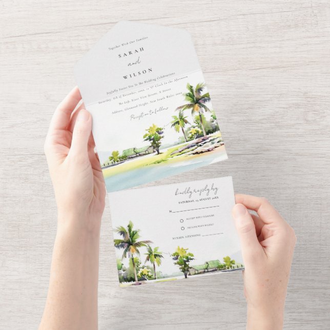 Invitación Todo En Uno Boda de acuarela de palmeras tropicales (desgarro)