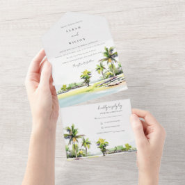 Invitación Todo En Uno Boda de acuarela de palmeras tropicales