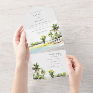 Invitación Todo En Uno Boda de acuarela de palmeras tropicales