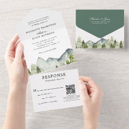 Invitación Todo En Uno Boda de acuarela de Qr Code Classic Mountain Fores