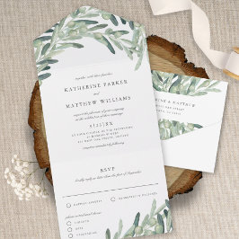 Invitación Todo En Uno Boda de acuarela de rama de oliva rusa