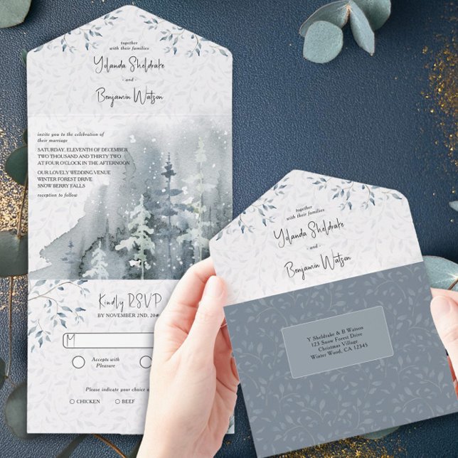 Invitación Todo En Uno Boda de acuarela del bosque de nieve con RSVP (Trifold wedding invitation with rsvp from the Snow Forest wedding collection by Darling & May)