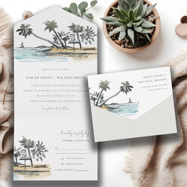 Invitación Todo En Uno Boda de acuarela del bosquejo de palmeras de playa (Subido por el creador)