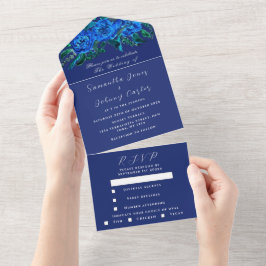 Invitación Todo En Uno Boda de acuarela floral azul de la Marina Rusa