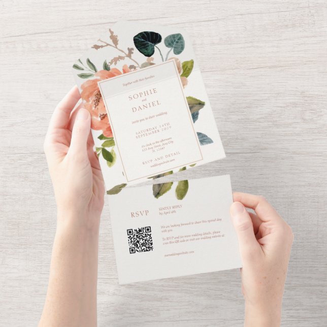 Invitación Todo En Uno Boda de acuarela floral de Moda suave (desgarro)