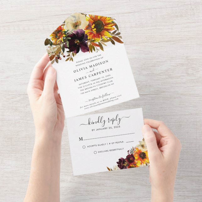 Invitación Todo En Uno Boda de acuarela floral roja de girasol ruso (desgarro)