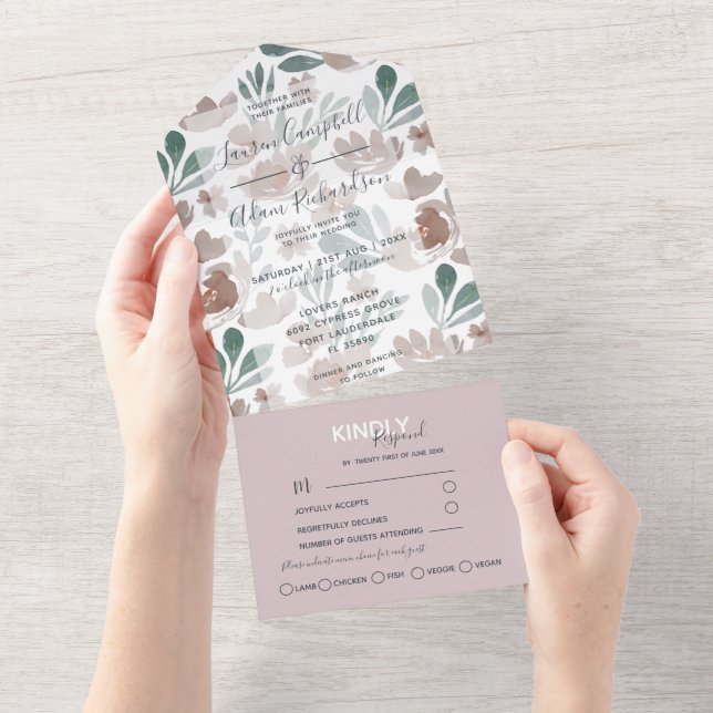 Invitación Todo En Uno Boda de acuarela marrón de Boho Floral Beige (desgarro)