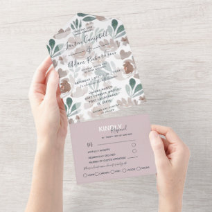 Invitación Todo En Uno Boda de acuarela marrón de Boho Floral Beige
