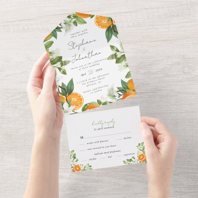 Invitación Todo En Uno Boda de acuarela Naranja mandarín (desgarro)