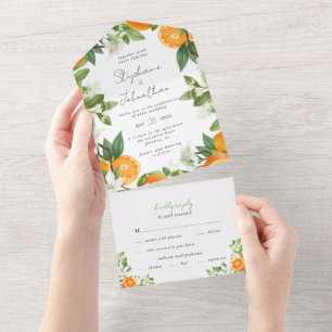 Invitación Todo En Uno Boda de acuarela Naranja mandarín