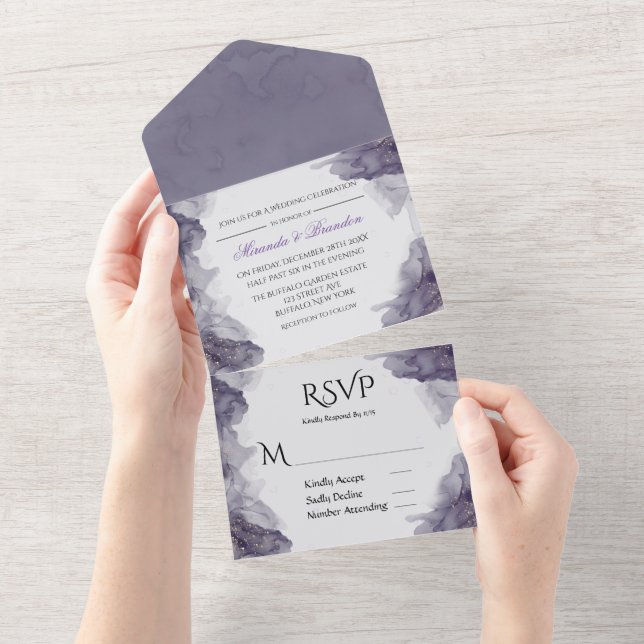 Invitación Todo En Uno Boda de acuarela Purpurina Heather Gold (desgarro)