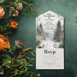 Invitación Todo En Uno Boda de acuarela rústica de bosque de pinos
