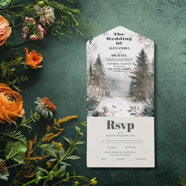 Invitación Todo En Uno Boda de acuarela rústica de bosque de pinos (Subido por el creador)