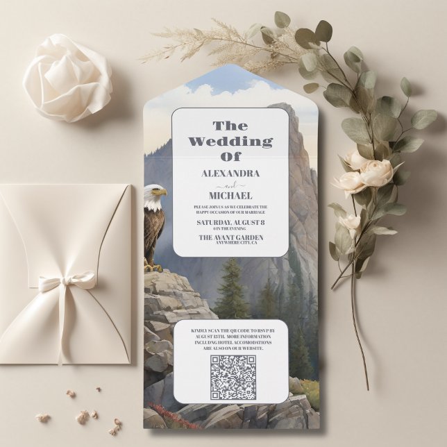 Invitación Todo En Uno Boda de acuarela rústica del bosque de pinos del c (Subido por el creador)