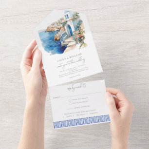 Invitación Todo En Uno Boda de acuarela Santorini Grecia con Rsvp