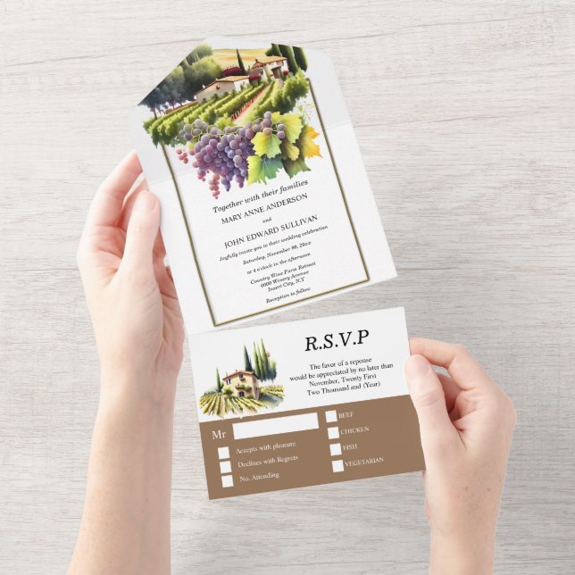 Invitación Todo En Uno Boda  de acuarela Toscana villa toscana (desgarro)