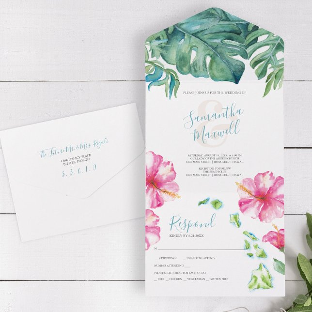 Invitación Todo En Uno Boda de acuarela tropical Hawái (All in one destination wedding invitations watercolor Hawaiian islands tropical flowers leaves)