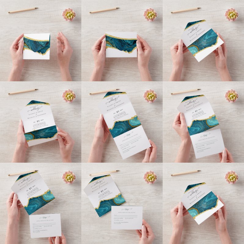 Invitación Todo En Uno Boda de Agante de Oro Azul Peacock verde azulado