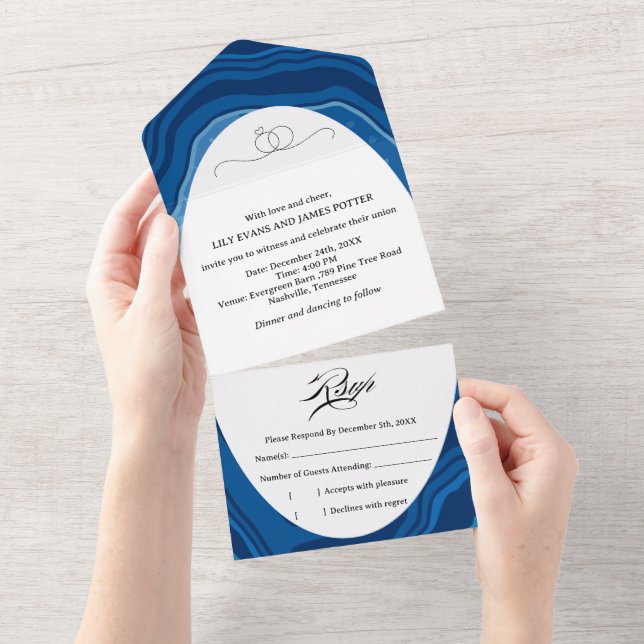 Invitación Todo En Uno Boda de Ágata Azul Cortada (desgarro)
