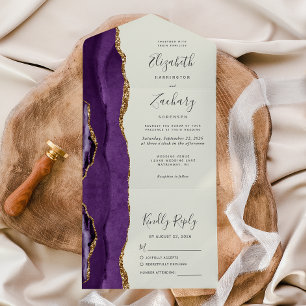 Invitación Todo En Uno Boda de Ágata de Oro Púrpura Marfil