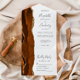 Invitación Todo En Uno Boda de Ágata Dorada Naranja Quemada