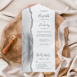Invitación Todo En Uno Boda de Ágata Gris Blanco Plateado Moderno