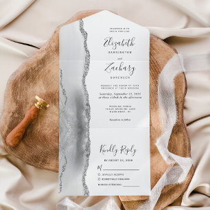 Invitación Todo En Uno Boda de Ágata Gris Blanco Plateado Moderno