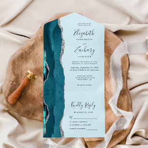 Invitación Todo En Uno Boda de Agata Plateada Azul Turquesa Pálido