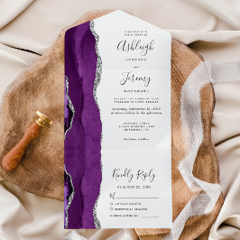 Invitación Todo En Uno Boda de Ágata Plateada Púrpura Moderna