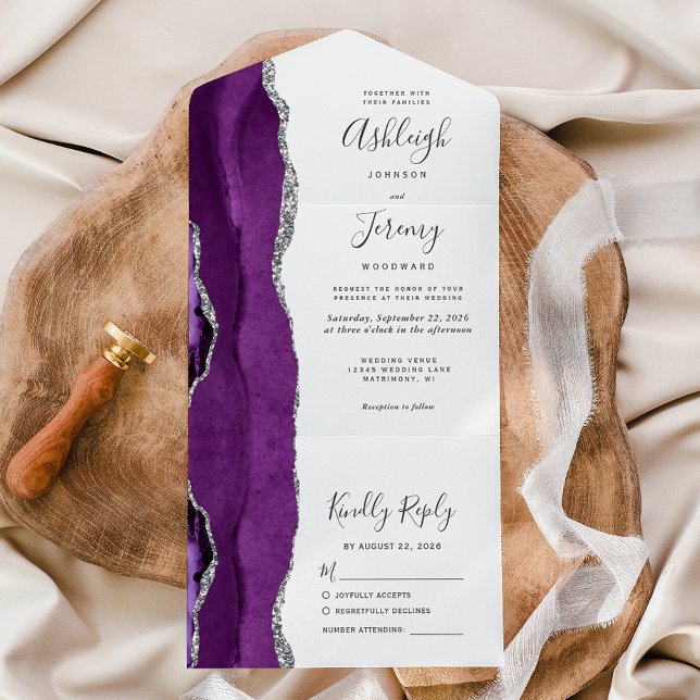 Invitación Todo En Uno Boda de Ágata Plateada Púrpura Moderna (Subido por el creador)
