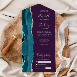 Invitación Todo En Uno Boda de Ágata Plateada Verde Azul y Púrpura