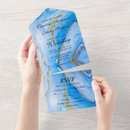 Invitación Todo En Uno Boda de Agate de Oro Azul
