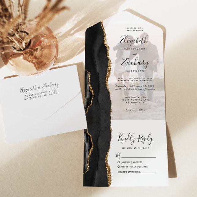 Invitación Todo En Uno Boda de Agate de Oro Negro (Subido por el creador)