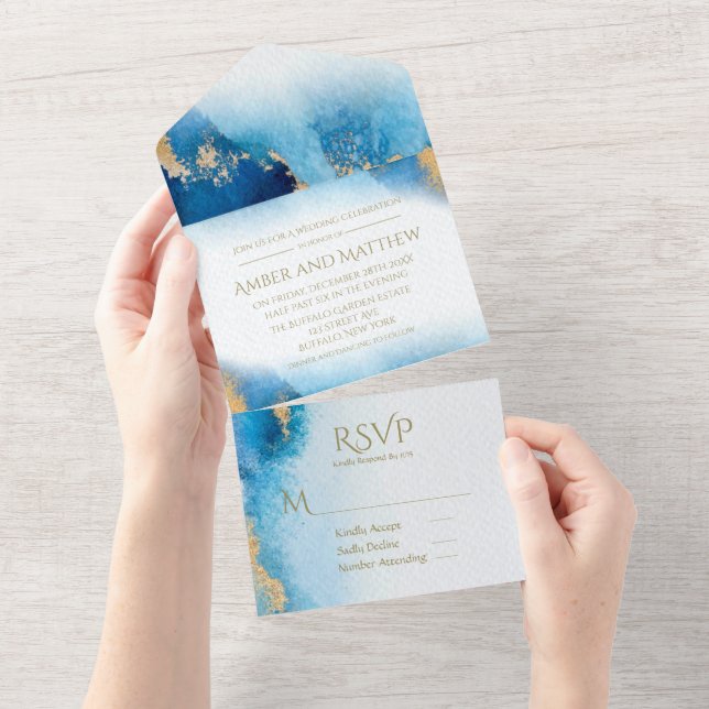Invitación Todo En Uno Boda de Agate Ocean Blue Gold (desgarro)