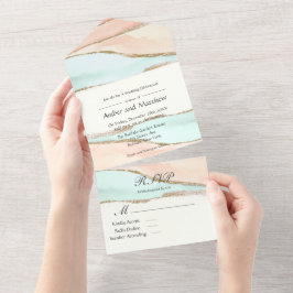 Invitación Todo En Uno Boda de agentes de tinta de color coral y turquesa