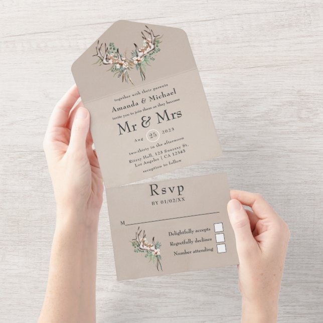 Invitación Todo En Uno Boda de algodón boho y eucalipto (desgarro)