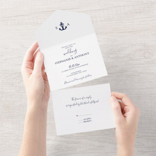 Invitación Todo En Uno Boda de ancla azul de la Marina Náutica monográfic (desgarro)