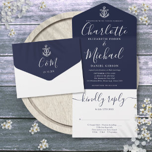 Invitación Todo En Uno Boda de Ancla Náutica Azul Marino y Blanco Script