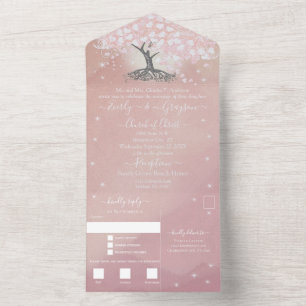 Invitación Todo En Uno Boda de árbol de hoja de corazón rosa elegante