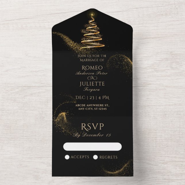 Invitación Todo En Uno boda de árbol de navidad elegante y dorado negro (Interior)